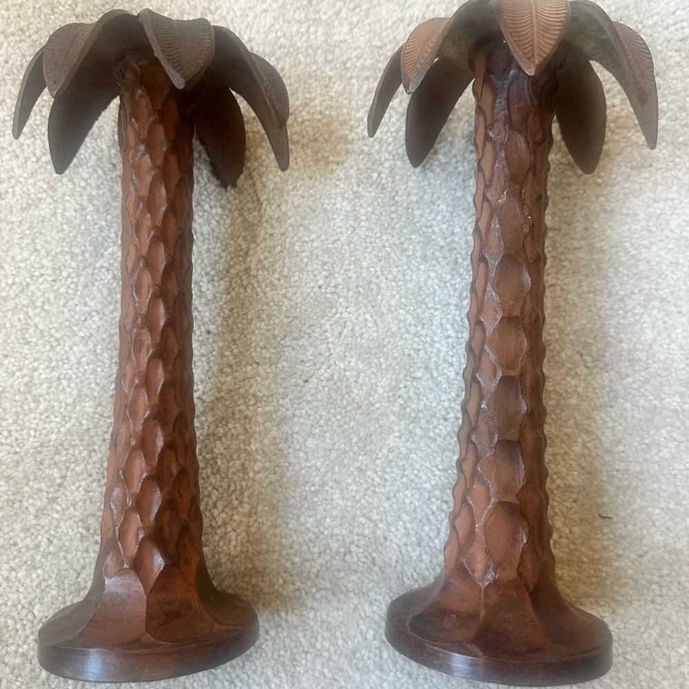 Pair of Vintage Heavy Metal Palm Tree Candle Stick Holders